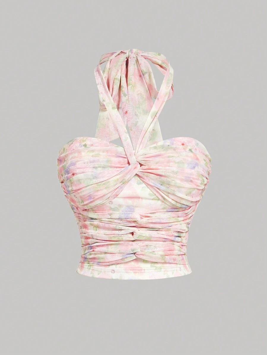 SHEIN MOD ملابس علوية نسائية مقاسات كبيرة مزينة بالزهور ذات ربطة أمامية وياقة حلقية، عيد الحب