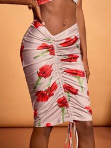 HEAVINZ LANE 设计师波西米亚风粉色春夏大花卉印花荷叶边抽绳紧身裙，适合度假、节日、伊比沙岛 - 灰色 - 查看 4