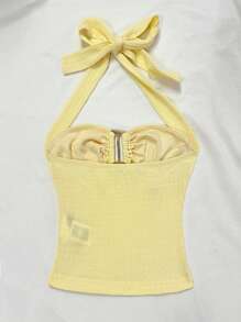 Soleia Women's Spring & Summer Vacation Canary Yellow Knit Texture Halter Tie Knot Front Middot Button Slim Fit Top. Suitable For Afternoon Tea, Street, Vacation, Layering, Party, Date, Valentine's Day, Easter, Carnival, Beach, Cruise Resort, City Road Trip Vacation - Yellow - View 2