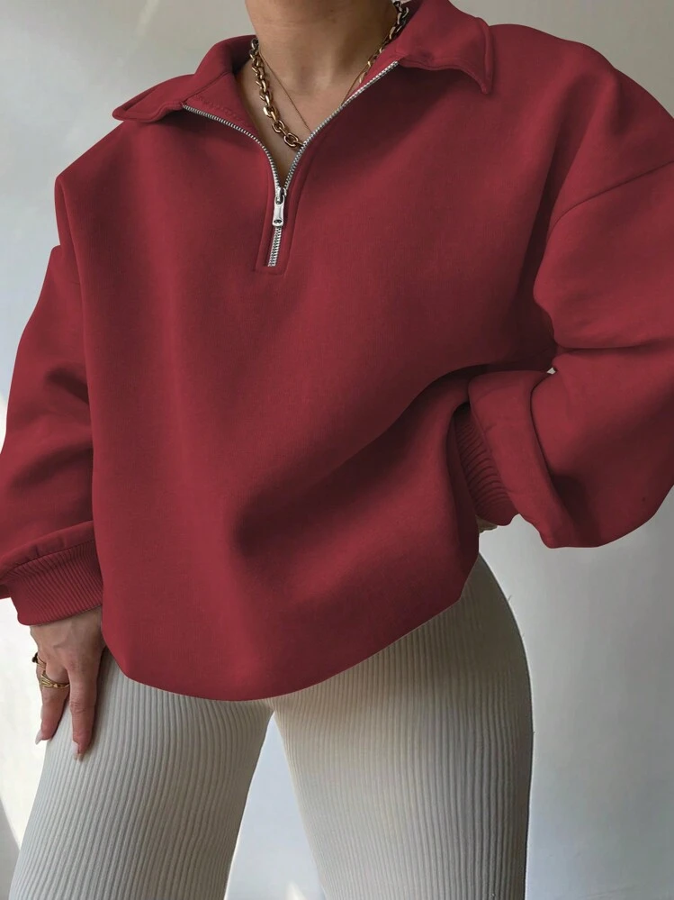 INAWLY Áo nỉ tay dài trơn khóa kéo phía trước cỡ lớn, mặc thường ngày - Màu Đỏ Sâu - Xem 1
