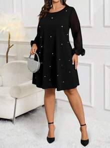 SHEIN Clasi Plus Size Casual Dress With Mesh Patchwork, Long Sleeve, Faux Pearl Decor