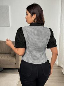 Franclia Elegant Plaid Pearl Decor Button Down Waist Short Sleeve Blouse - Black - View 2