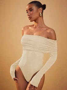 Hauture 女士服装，女士优雅纯色米色闪光 Jeresye 露肩长袖修身侧褶紧身衣，休闲日常穿着，长袖上衣，女士上衣，外出上衣，露肩上衣，性感女士上衣。适合日常穿着、约会之夜、表演、派对、俱乐部、节日、正式上衣 - 杏色 - 查看 3