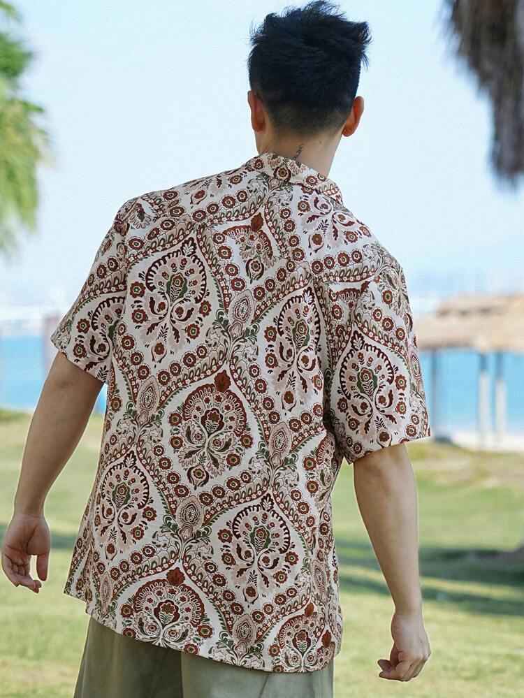 Men's Beach Vacation Floral Print Short Sleeve Shirt,Fall Clothes