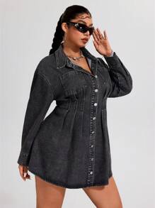 SHEIN ICON 大码休闲破洞褶饰前扣牛仔连衣裙 - 黑色 - 查看 6