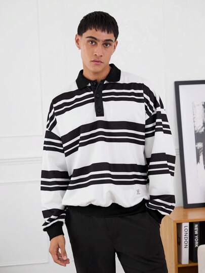 Manfinity VCAY Sudadera con capucha de cuello plano de punto holgada, de manga larga, con decoración de letra, de tela gruesa, con diseño de rayas, apta para otoño/invierno, unisex