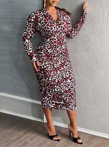 Slaydiva Plus Size Elegant Sexy Fit V-Neck Pleated Leopard Pattern Long Dress For Party/Gathering/Date, Spring Autumn - Red - View 3