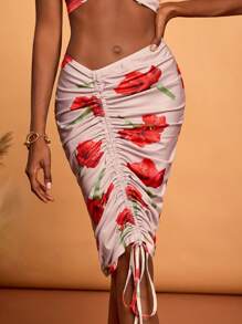 HEAVINZ LANE 设计师波西米亚风粉色春夏大花卉印花荷叶边抽绳紧身裙，适合度假、节日、伊比沙岛 - 灰色 - 查看 6