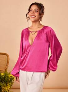 Raimo Rosa Designer Business Casual Hot Pink Satin With Heart Buckle Keyhole Neckline Leisure Long Raglan Sleeves Blouse, Spring & Summer, Festival, Office