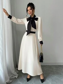 SHEIN Frenchy فستان طويل كاجوال قتامة صامتة مُلحمة بالدانتيل طويل الأكمام قصبة القزم، فستان طويل ذو رقبة ملثمة وأشرطة لطراز عربي، إطلالة المرأة