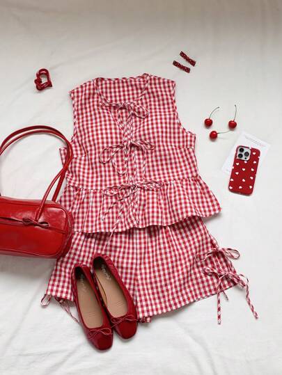 Comfortcana 2pcs Women Plaid Lace-Up Camisole And Shorts Clothes Set, Valentine's Day