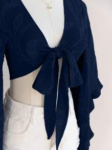 Soleia 女式波西米亚音乐节棕色柳条纹理系带前喇叭灯笼袖衬衫 - 藏蓝色 - 查看 5