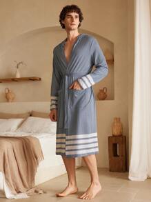 Men's Geometric Pattern Long Sleeve Pajama Robe With Pockets - Baby Blue - View 4