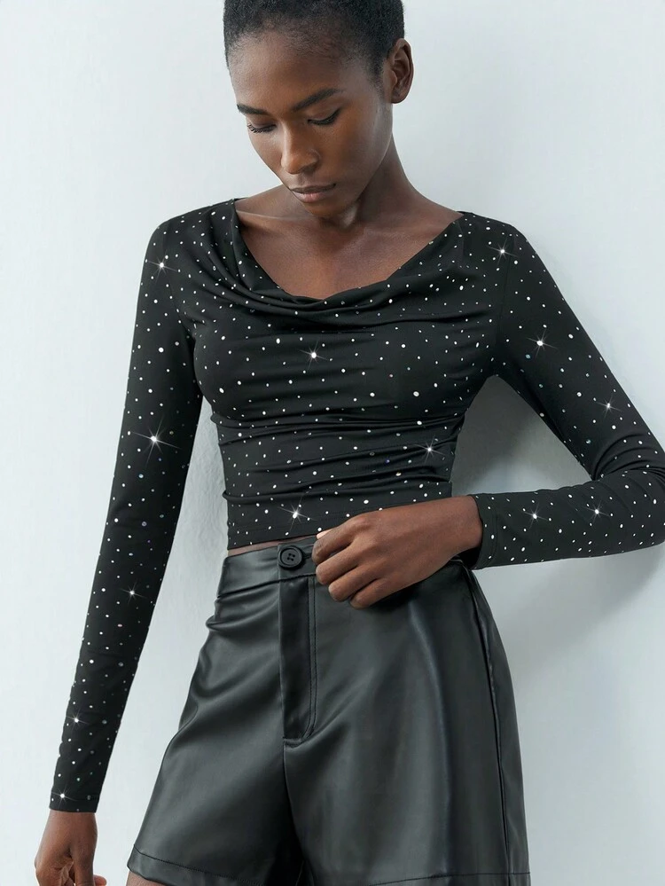 SHEIN Maija Fashionable Sequin Decor Draped Neck Cropped Top Valentine's Day