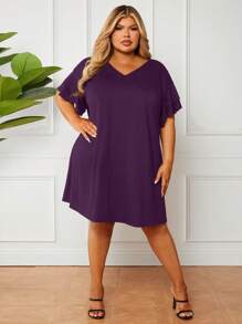 SHEIN CURVE+ 大码 V 领双层袖针织连衣裙 - 紫色 - 查看 3