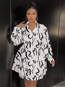 Slaydiva 女士优雅商务休闲印花收腰长袖衬衫裙，适合办公室穿着，秋季 - 杏色 - 查看 3