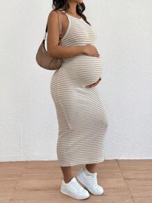 SHEIN Maternity Casual Stripe Fitted Halter Dress - Apricot - View 5