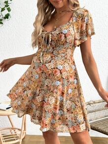 SHEIN 度假浪漫小碎花孕妇装 - 卡其色 - 查看 4
