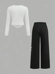 SHEIN 2pcs/Set Tween Girls Fitted Knit Ribbed Star Pattern T-Shirt & Woven Patchwork Drawstring Waist Wide Leg Pants Set, Casual - Black and White - View 2