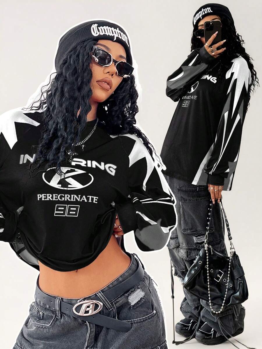 Coolane Women's Fall Game Day Long Sleeve Patchwork Printed Jersey  T-Shirt,Couple Same Style - Black - View 1