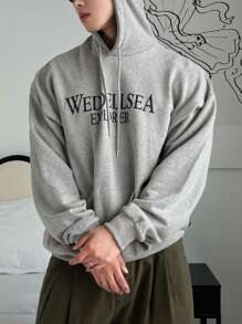 DAZY 男士灰色字母印花连帽衫，简约时尚休闲日常穿着，秋季服装 - 灰色 - 查看 6