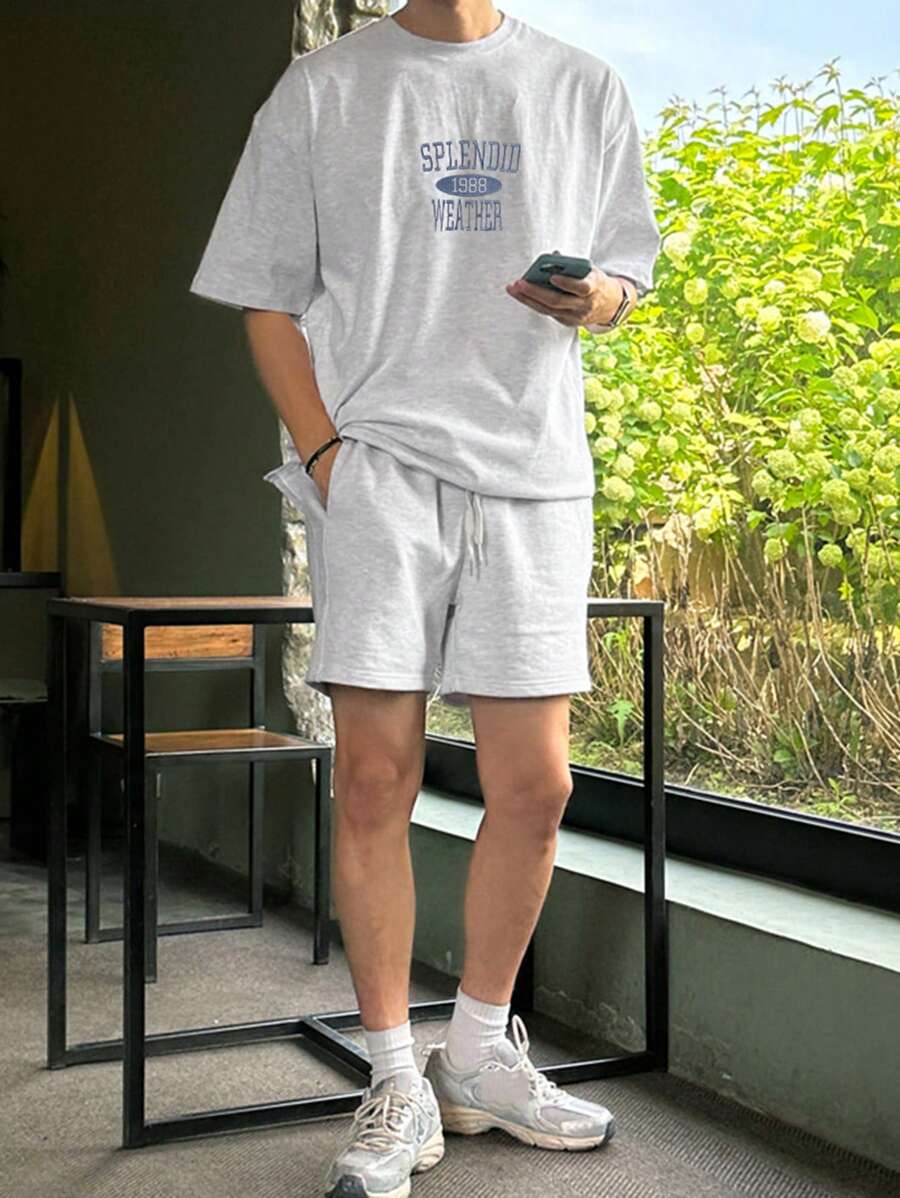 DAZY 2pcs/Set Men Letter Print T-Shirt And Shorts Set - Grey - View 1