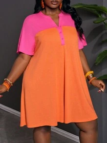 Slaydiva Casual & Sweet & Cute & Holiday Plus Size Women Solid Color Contrast V-Neck Loose Splice Shift Dress Mini - J - Multicolor - View 2