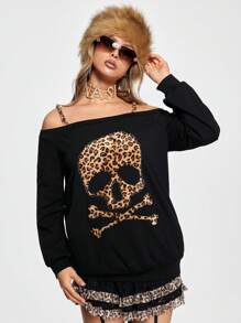 ROMWE J-Fashion Y2K Shibuya Gyaru Cropped Asymmetrical Neck Tee With Leopard Print And Skeleton Embroidery For Women - Black - View 1