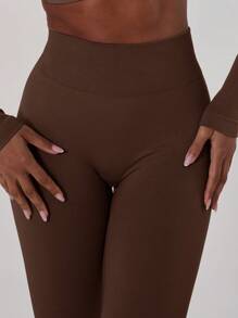 Musera Sport Ribbed Waist Flare Yoga Sports Trousers, Padel, Tennis, Pickleball Gym Fitness - Chocolate Brown - View 2