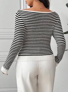 SHEIN Frenchy Plus Size Crew Neck Long Sleeve Striped Button Casual Pullover Sweater Fall/Winter - Black and White - View 4
