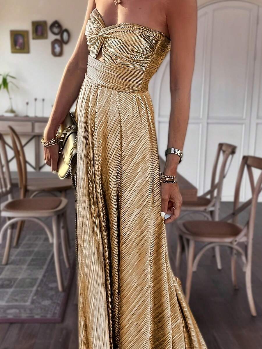 Women's Elegant Sexy Fashion Party Solid Color Metallic Glitter Fabric Twist Front Cutout Sleeveless Cami Dress - Gold - View 1