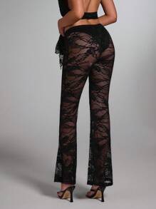 SHEIN BAE 女士优雅性感透明蕾丝裤情人节黑色性感透视蕾丝紧身喇叭裤女士度假女士新年女士紧身裤女士度假女士西部装女士 - 黑色 - 查看 4