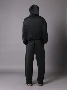 SUMWON Oversized Drawstring Hooded Sweatshirt Matching Jogger Set Fall Winter Loungewear Tracksuit Comfortable Athletic Streetwear Two Piece Outfit - Black - View 2