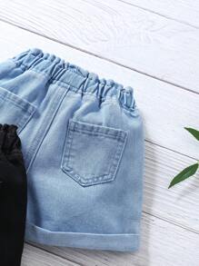 SHEIN 2pcs Baby Girl Denim Shorts Set, Blue & Black Color, Spring And Summer Casual Vacation Country Boho Wear, Beach Outfits