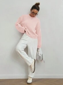 Flirla Women's Plain Crew Neck Long Sleeve Casual Pullover Sweater Knit Pullover Fall Winter Sweater - Baby Pink - View 4