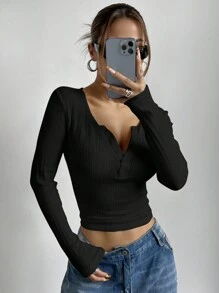 SHEIN EZwear 女款黑色针织休闲拉链长袖 T 恤 - 黑色 - 查看 4