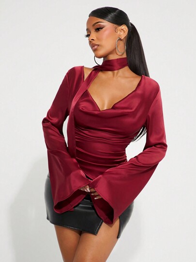 SHEIN SXY Blusa a cuadros casual y sexy para la oficina, camisa sin mangas con abertura y lazo