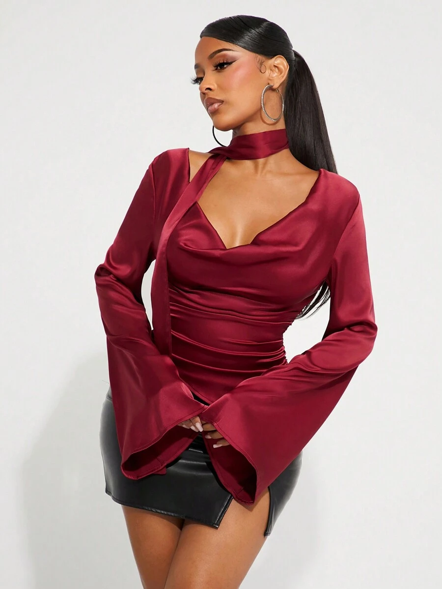 SHEIN SXY 秋冬休闲性感通勤格纹衬衫，镂空系带无袖衬衫 - 彩色 - 查看 1