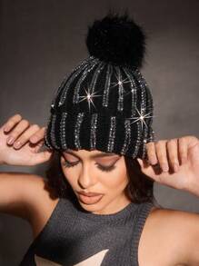SHEIN ICON 时尚秋冬休闲保暖女士针织帽 - 黑色 - 查看 1