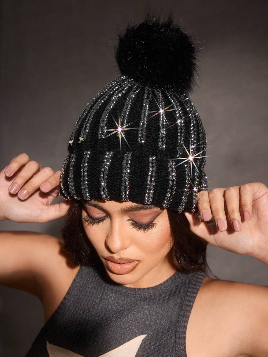 SHEIN ICON 时尚秋冬休闲保暖女士针织帽 - 黑色 - 查看 1