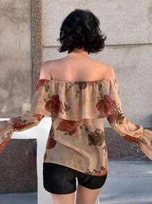 DAZY Blusa de mujer con hombros descubiertos y mangas con diseño de pezuña de caballo, con volantes, top con hombros descubiertos