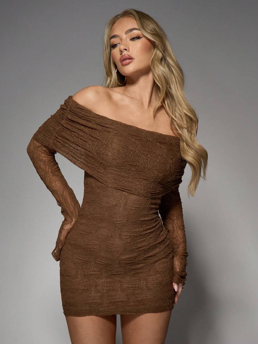 MISSGUIDED Lace Off Shoulder Long Sleeves Bardot Mini DressMISSGUIDED