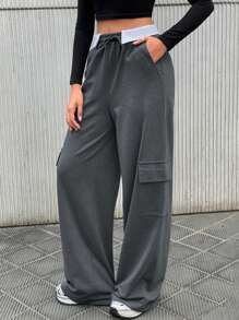 EURMUSE Women's Patchwork Elastic Waist Drawstring Cargo Pocket Casual Sports Sweatpants