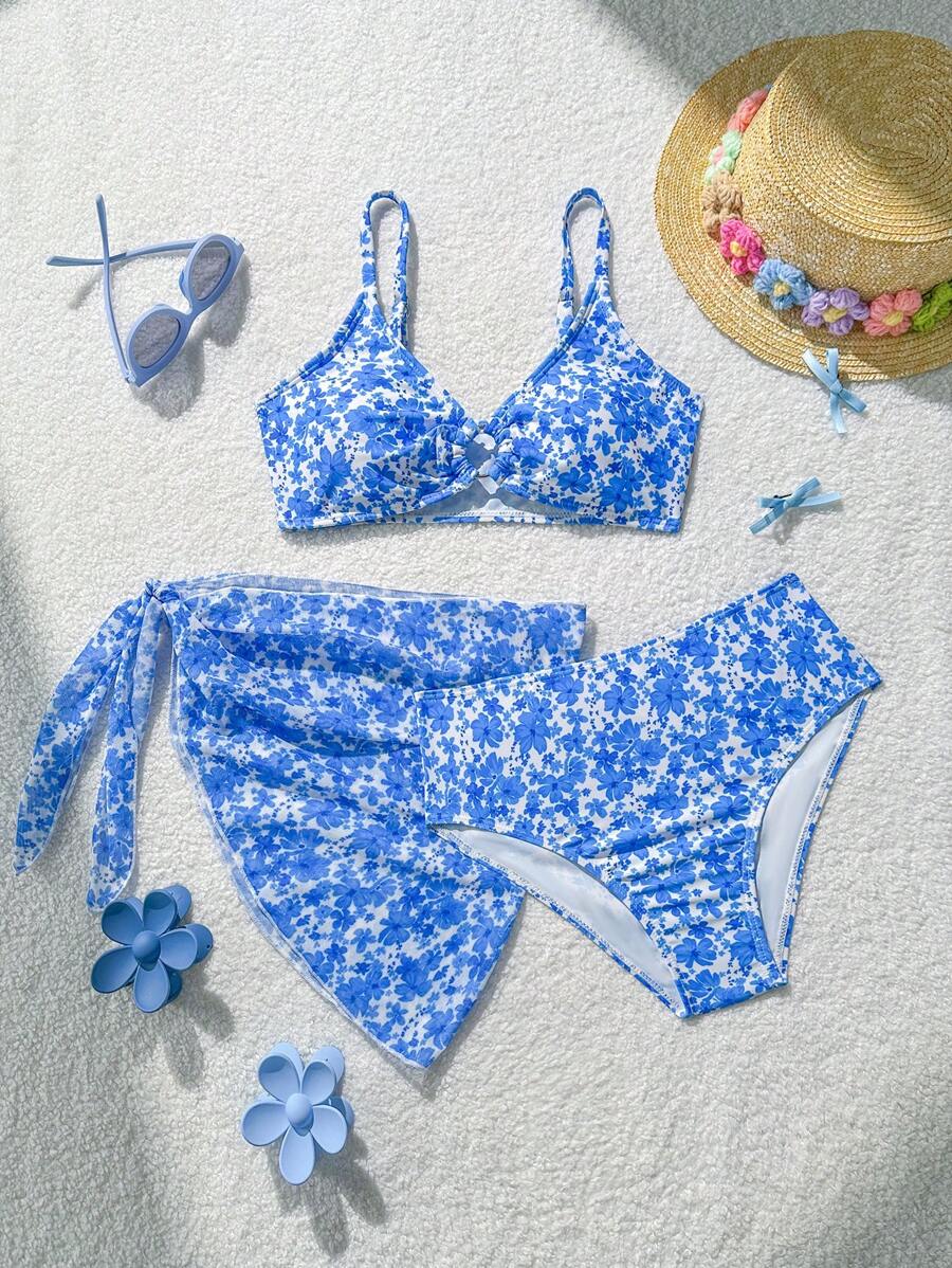 SHEIN 3pcs Tween Girl Swimwear Set, Printed Bikini Top And High Waist Bottoms With Skirt