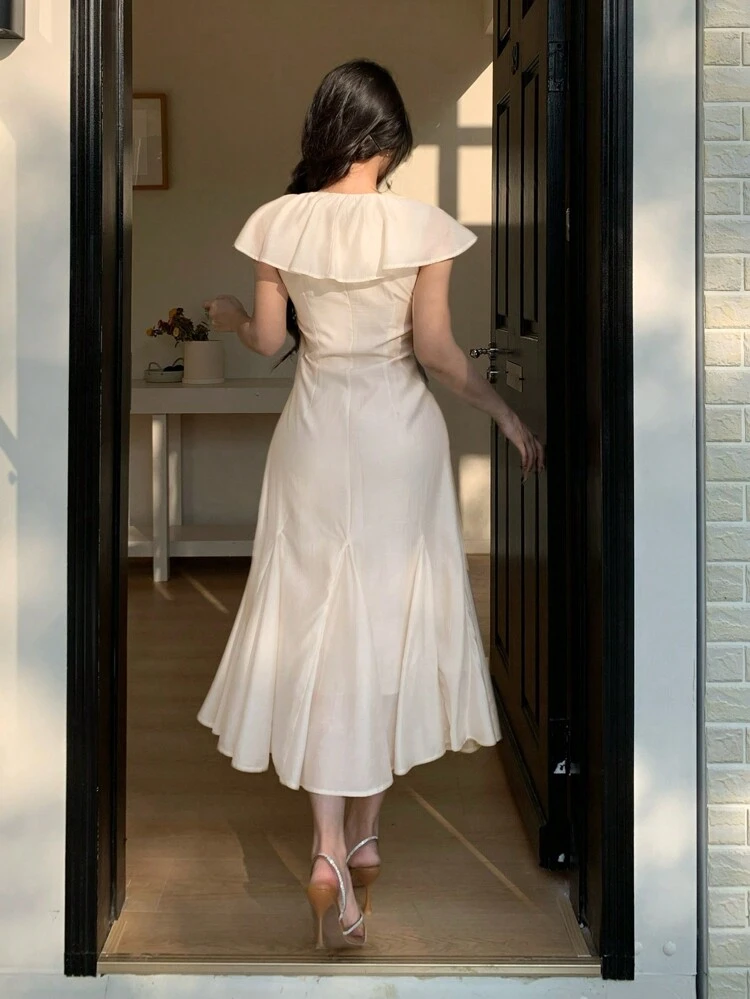 Women V-Neck Solid Color Ruffle Hem Mid-Length Dress,Dress For Wedding Maxi Dress Cocktail Dress