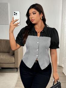 Franclia Elegant Plaid Pearl Decor Button Down Waist Short Sleeve Blouse - Black - View 7