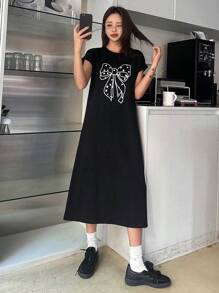 DAZY Women Bow Print T-Shirt Midi Dress Sundress,Casual Women Dresses