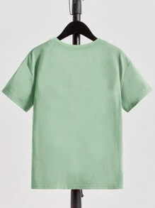 SHEIN 1pc Tween Boy Fashionable Letter Print Basic Round Neck Short Sleeve T-Shirt Summer Holiday - Green - View 2