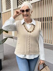 SHEIN LUNE Women's Solid Color V-Neck Loose Casual Sweater Vest - Khaki - View 4