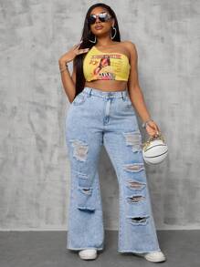 SHEIN SXY Plus Size Voorkant Knoop Zak Versleten Eenvoudige Casual Denim Jeans